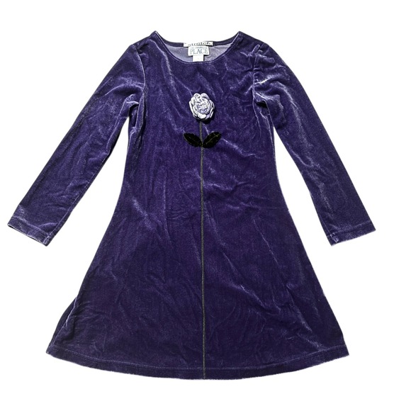 Vintage Girls Dress 5 Childrens Place Purple Velvet Long Sleeve Rose Applique - Picture 1 of 5